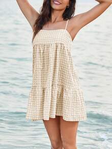 Women's Summer Plaid Mini Dress Spaghetti Strap Sleeveless A-Line Casual Beach Sundress With Pockets - 杏色 - 查看 3