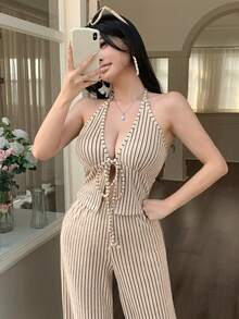 abyoxi 杏色和黑色条纹V领吊带背心搭配高腰阔腿裤两件套，休闲通勤、复古性感、日常外出、约会、情人节、海滩、度假皆宜，短款上衣搭配长裤，春夏穿搭 - 杏色 - 查看 6