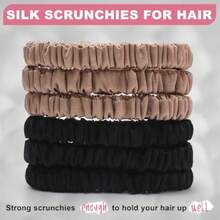 QY- 6Pcs Mulberry Silk Slip Skinny Hair Scrunchies - 22 Momme Pure Silk Ponytail Holders For Women And Girls Color 02 -3788 - blackbrown - 查看 2