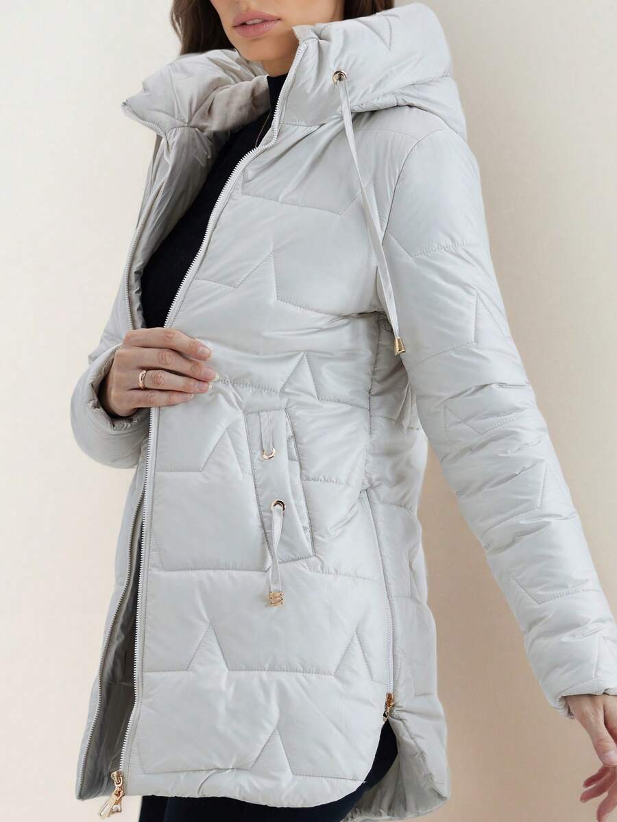 Mid-Length Glossy Down Jacket - Drawstring Hooded With Metal Details | Warm For Autumn/Winter: Suitable For Daily Wear And Commuting - Light Grey - View 1