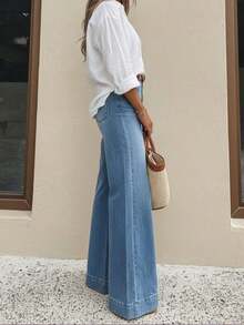 pierna ancha casual para mujer, de estilo largo elegante y de moda, con bolsillos, de tela lavada con estiramiento medio para primavera - Azul lavado medio - Ver 5