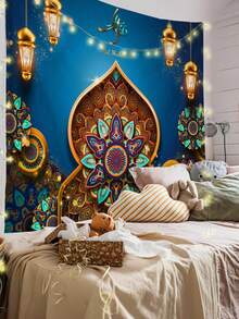 1pc Eid Mubarak Pattern Printed Tapestry, Large Size Decorative Hanging Cloth, Home Decor, Holiday Gift, Party Decoration, Live Streaming Background, Suitable For Living Room And Hotel, With Installation Bag (Accessories Included)