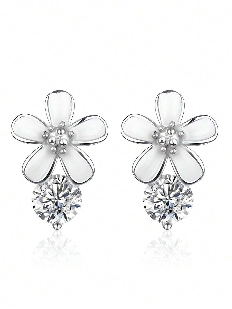 925 Sterling Silver Earrings, Fashionable Cubic Zirconia Flower Stud Earrings, Hypoallergenic, Suitable For Daily Wear, Birthday Gift - Silver - View 1