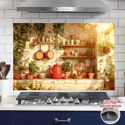 1pc Large Removable Kitchen Wall Sticker - Rustic Farmhouse European Country Design With Hanging Cookware, Red Teapot And Shelf - Peelable PVC Adhesive Wallpaper, Suitable For Indoor/Outdoor Use. Plastic Use, 2D Flat