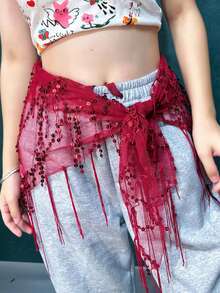 1pc Women's Belly Dance Costume, Sequin Fringe Belly Dance Hip Scarf, Thai/Arabian Dance Skirt Waist Belt - Multicolor - View 7