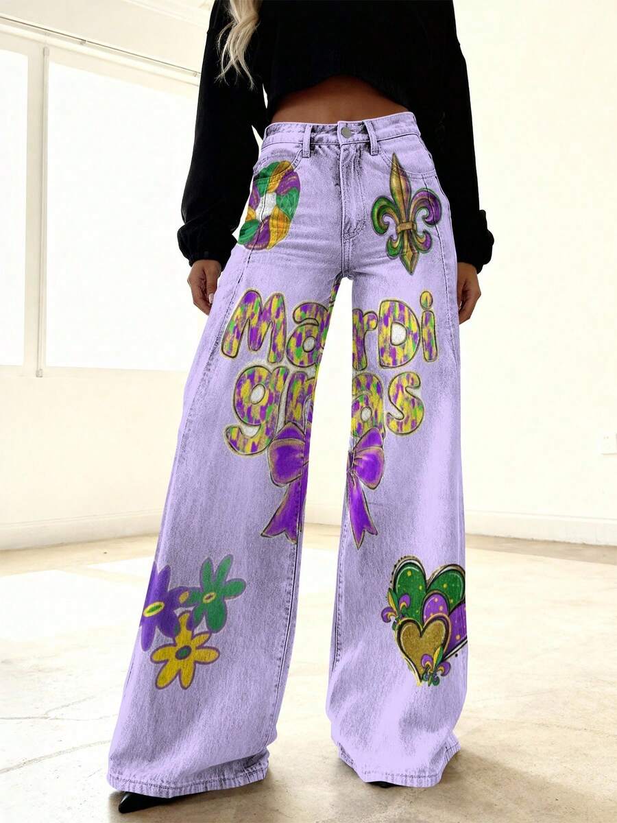 Women's Jeans Imitation Mardi Gras Colors Pattern Print Design Autumn And Winter Pattern, Wearing Classic Denim Wide-Leg Design, Opaque, Straight-Leg - Nhiều màu - Xem 1
