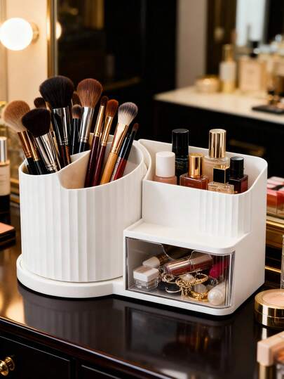 1个旋转抽屉收纳盒，分格收纳盒，旋转分格收纳盒，化妆品展示架，化妆品收纳展示托盘，桌面收纳展示盒，化妆品收纳盒，化妆品收纳箱，珠宝托盘，收纳，整理，整理器，梳妆台香水收纳盒，化妆刷架，化妆刷收纳架，房间收纳整理