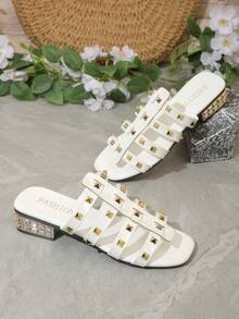 白色女士高跟凉鞋，2026夏季新款厚底铆钉白色女士凉鞋，时尚百搭套脚凉鞋 - 白色 - 查看 6