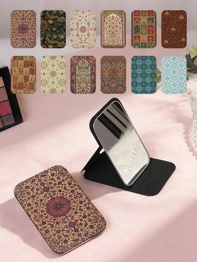 1 adet Bohem Vintage Çiçek Desenli Makyaj Aynası, Katlanabilir Hafif Kompakt Taşınabilir El Aynası, Dayanıklı PU Deri Stand, Her Duruma Uygun, Renkli Geometrik Çiçek Baskı Tasarımı, 180° Açılır Kapak, Çok Fonksiyonlu