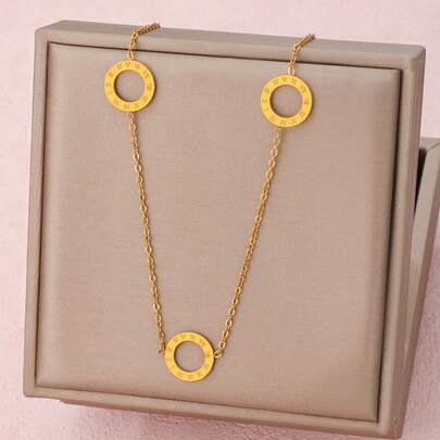 1 Piece Top Quality Matte Stainless Steel Chain Jewelry Multiple Hollow Round Pendant Necklace Roman Numeral Light Luxury Clavicle Chain Jewelry For Women