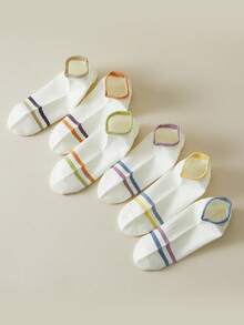 6 Pairs Women's Basic Striped Ankle Socks, White - White - View 3