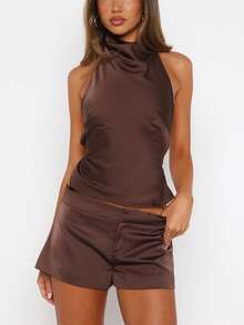 Women's Shorts Sets Summer Fashionable Solid Color Halter Neck Sleeveless Tops With Shorts 2 Pcs Outfits - Cà phê nâu - Xem 5