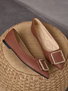 WHDXY Women's Fashionable Brown Pointed Toe Flats With Rhinestone Buckle, Versatile For Commuting And Casual Wear
