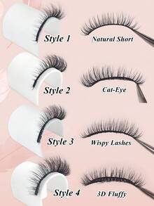 4款自粘假睫毛 - 无需胶水，3D仿貂毛，可重复使用 - 猫眼款、纤细款和自然款 - 日常及派对佩戴，轻松打造完美妆容