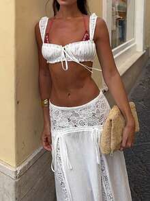 Bộ áo croptop thắt nút và chân váy ngắn dành cho nữ đi nghỉ mát biển. - trắng - Xem 3