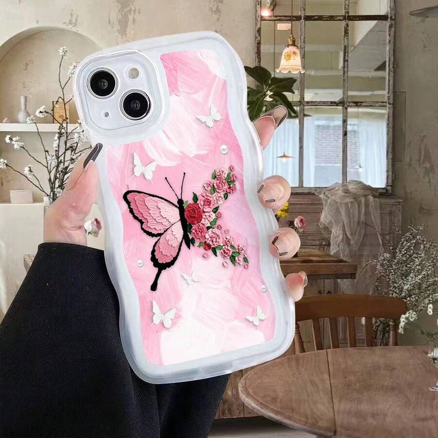 1pc Fashionable Transparent Wavy Irregular Protective Phone Case, Butterfly Couple Style Pattern Compatible With IPhone17Air/17pro/17promax/17/16e/16/15/14/13/12/11/X/Xr/8/7/GalaxyA14/A15/A54/S24/S24Ultra Series - Clear - View 1