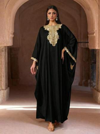 Elegante bata de kaftan de color crema con detalles bordados en dorado, mangas de murciélago, bata de fiesta, vestido de kaftan, bata (corte holgado - por favor, consulte la tabla de tallas)