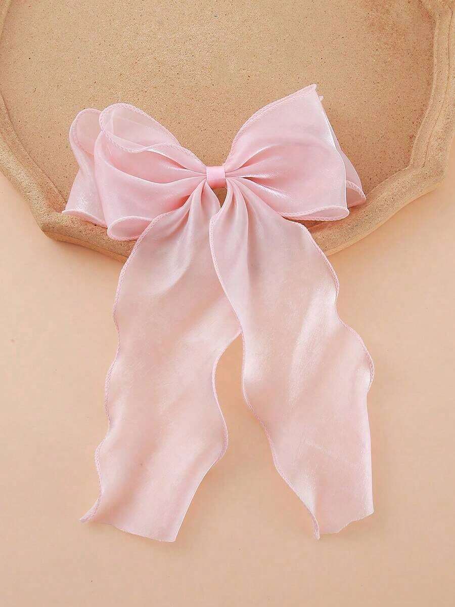 1pc Pink Mesh Oversized Bow Ripple Ribbon Spring Hair Clip, Elegant Feminine Hair Accessory For Spring, School Stuff, College, Pink Hair Clips, Bows, Cute, Classy, Girly, Winter Outfit Women, Hair Accessories - 紅色 - 查看 1