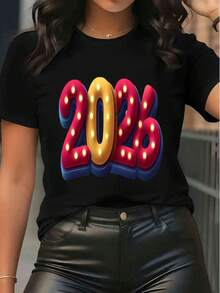 T-shirt à manches courtes avec imprimé graphique pour femmes 2026, col ras-du-cou casual, top d'été ample et décontracté, streetwear pour un port quotidien - Noir - Voir 1