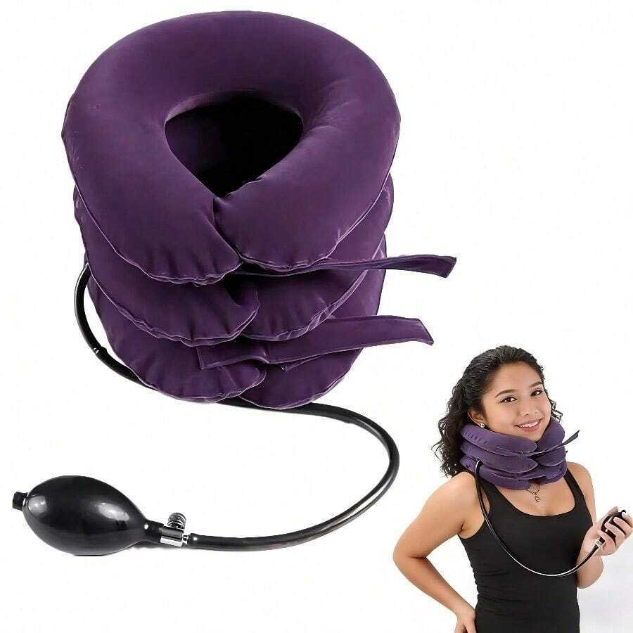 Almohada cervical de media pila, dispositivo de tracción cervical ajustable, camilla cervical inflable, soporte para cuello y hombros. - Morado - Ver 1