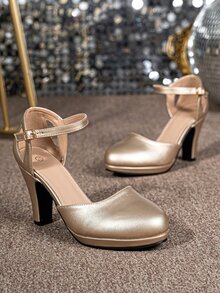 Wide Fit Strap Buckle Thick Heel High Heels, Solid Color Commuter Versatile Professional Party Formal Elegant Pumps - Gold - View 4