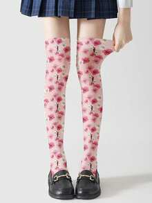 Peach Blossom Inspired Print Tights - Multicolor - View 6