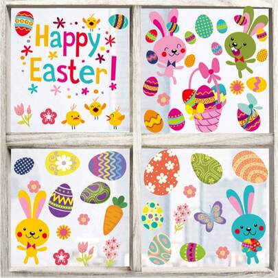 4pcs/Set Doneace Easter Egg Window Stickers, Colorful Easter Eggs, Rabbits, Flowers Window Decals For Home, Office, School Decoration In Spring