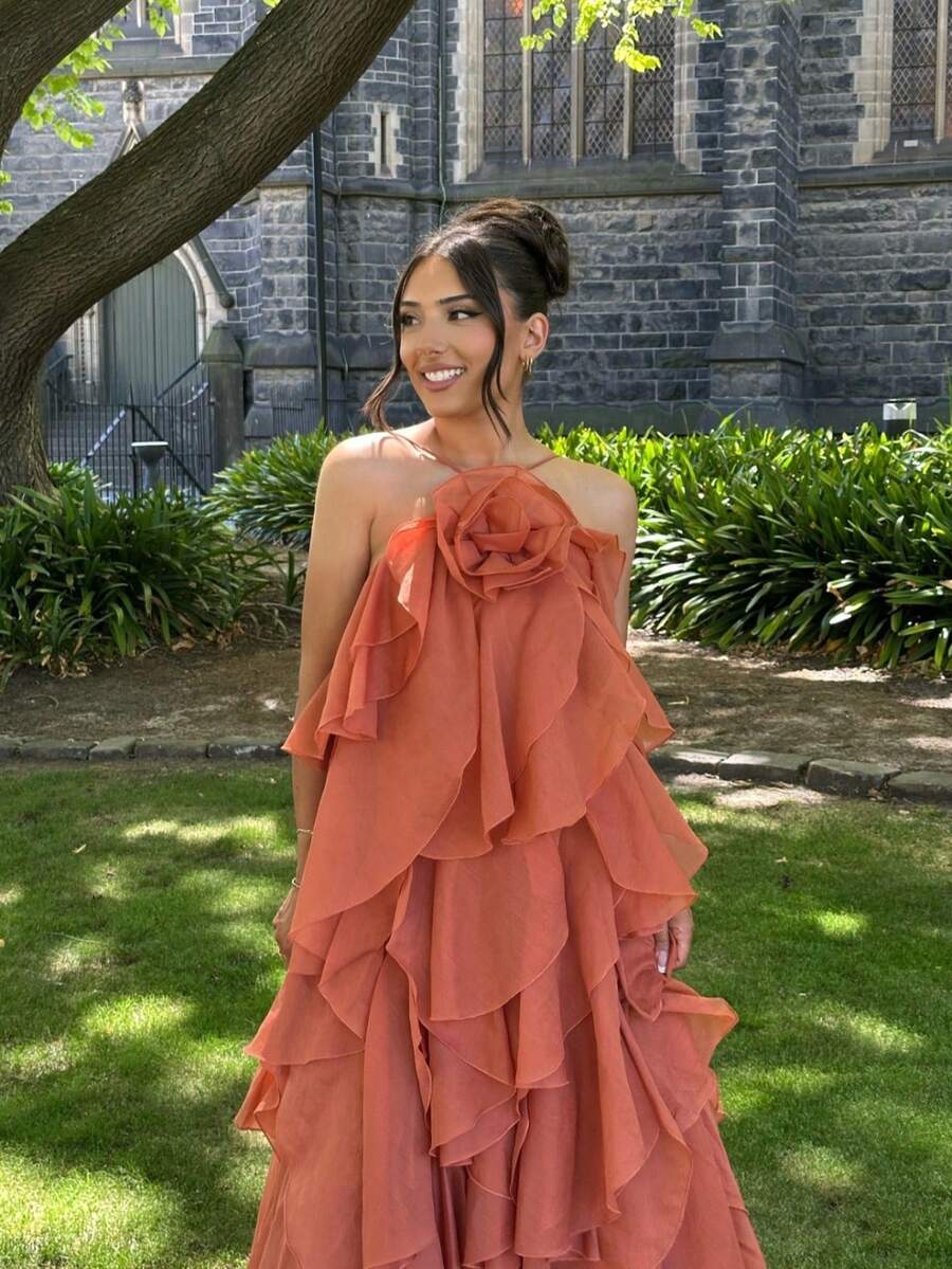 Vestidos Elegantes De Mujer,Dresses For Women,Women's 3D Floral Halter Dress, Casual Ruffled Neck Dress - 立體花朵吊帶長裙-橘色 - 查看 1