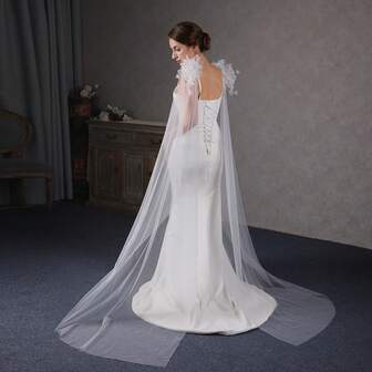 1 par de chales nupciales hechos a mano con elegantes flores 3D y largo vuelo, accesorio para vestido de novia