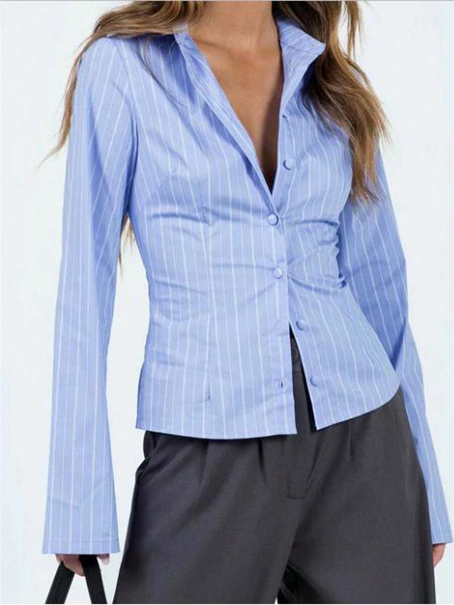 Womens Shirts Flare Long Sleeve Lapel Collar Button Down Casual Striped Print Slim Fitted Blouses - 藍色 - 查看 1