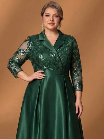 Faeriesty Vestido formal elegante de color verde esmeralda para mujer de talla grande - Cuello de blazer, parte superior con bordados de encaje y lentejuelas transparentes 3/4, falda de satén con vuelo y bajo asimétrico | Adecuado para fiestas, invitados de boda, cenas formales, eventos de lujo