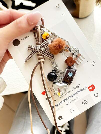 1pc Vintage Camera Charm, Y2K Camera Pom Pom Heart Bow Bag Charm. Women's Keychain, Jewelry, Bag Charm, Car Key Chain, Key Lanyard, Key Fob, Key Ring, Women's Gift, Birthday Gift, Friend Gift, Holiday Gift, Event Souvenir, Party Favor.