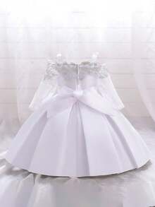 Baby Girls Lace Mid-Sleeve Embroidered Bow Satin Cute Flower Girl Wedding Dress, Suitable For Birthday Celebration, Vacation, Does Not Include Headband - White - View 3