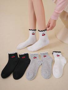 3/6 đôi tất nữ mới, màu đen trắng xám, viền bèo, màu anh đào, tất cổ ngắn đơn giản cho hoạt động ngoài trời, thể thao, dành cho học sinh, mùa tựu trường. - Nhiều màu - Xem 6