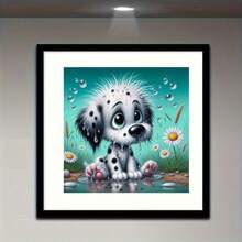 5D钻石画套装 - 可爱小狗图案，大颗圆形钻石，DIY家居装饰，适合墙面或桌面展示，完美的节日礼物，钻石画