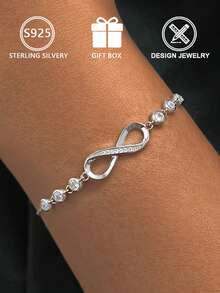 1pc 925 Sterling Silver Infinity Symbol Zirconia Decor Adjustable Bracelet (Eternal Bond Edition), Gift Box, Suitable For Daily Wear And Valentine's Day Gift - Silver - View 8