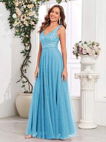 女士无袖亮片网纱A字伴娘礼服，优雅舞会礼服，婚礼宾客礼服，毕业典礼礼服，晚礼服，春夏派对礼服 - 湖藍色 - 查看 5