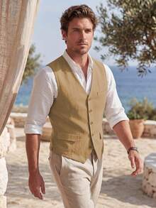 Mens Vests Breathable Cotton Linen Vest V Neck Summer Beach Wedding Party Groomsmen Casual Waistcoat Outfits Tuxedos - 棕色 - 查看 7