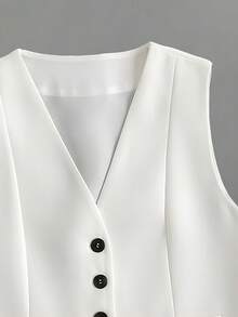 Women's Casual Lightweight Commuter High-Quality Lined Solid Color Loose Front Button Short Sleeveless Blazer Spring - White - View 4