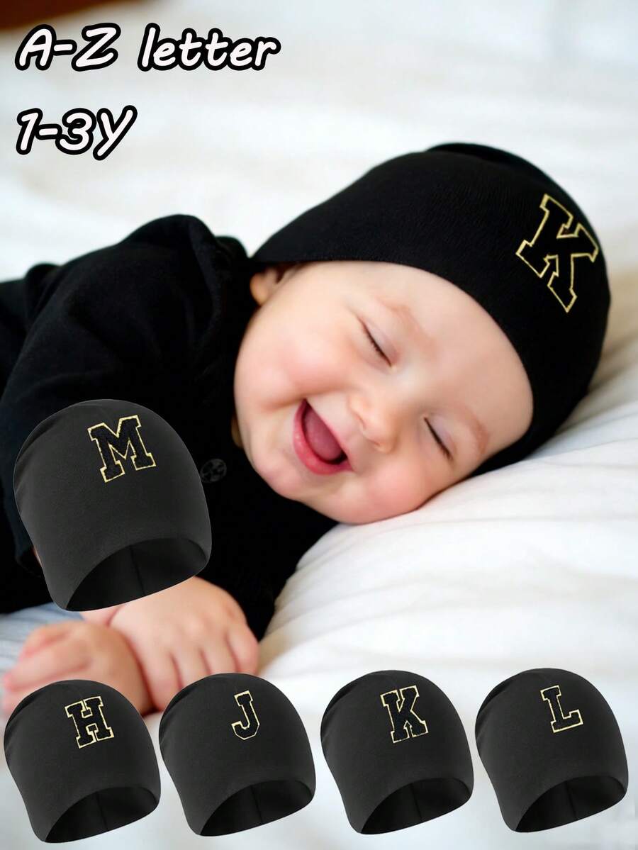 1顶个性化婴儿帽，幼儿儿童26字母针织帽，手工女婴骷髅帽，新生儿医院帽。 - 黑色 - 查看 1