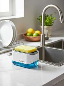 厨房皂液器、洗碗泡沫泵、海绵架、带海绵的洗洁精分配器、海绵沥水架、带沥水盘的塑料水槽收纳架、厨房配件、实用厨房小工具