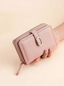Stylish Zipper Wallet Clutch Pouch With Gold Strap Folding Short Design Simple  Elegant Lichee Textured Leather Gifts Valentines Women Wallet Purse Wallet - 粉色 - 查看 10