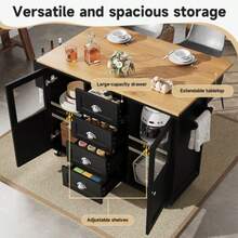 Kitchen Island, Kitchen Cabinet, Sideboard, 120x73(45)X93cm, Extendable Kitchen Trolley With Wheels, Towel Rail, Spice Rack, Adjustable Shelves, Two Doors, Four Drawers, White/Black