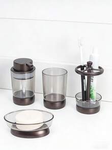 Juego de 4 Piezas de Accesorios de Baño - Incluye Portacepillos de Dientes, Dispensador de Jabón, Jabonera, Vaso para Enjuague y Botella Recargable, Perfecto para el Baño - marrón - Ver 5