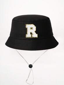 1顶26字母印花儿童渔夫帽+可拆卸防风绳，可调节户外遮阳帽，适合男孩女孩，春秋季旅行、海滩、度假 - 黑色 - 查看 24