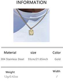 VJS Men's Necklace With Square Pendant And Initial Letter, Stainless Steel Beaded Chain, Personalized A-Z Letter Design - Gold - View 25