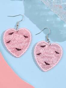 一对可爱时尚的Y2K卡哇伊独特粉色珠光“不爱社交”心形亚克力吊坠耳环，适合日常佩戴、节日、派对、女士饰品 - 彩色 - 查看 4