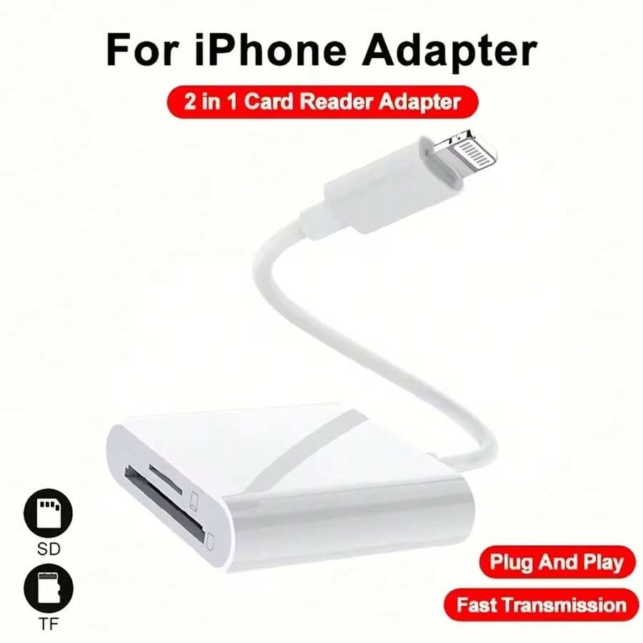 2-In-1 SD Card Adapter With Dual Slots, Supports SD And MicroSD Cards, Compatible With IPhone 14 Pro Max/14 Pro/14 Plus/14/13/12/11/XS/XR/8/7/6, Series, Plug And Play Card Reader - White - View 1