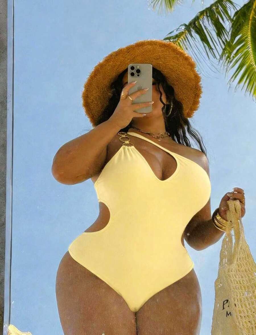 Plus Size Women's Summer New Solid Color Yellow Knitted Slant Collar Design One-Piece Swimsuit, Bohemian Casual Waist Side Hollowed Out One-Piece Swimsuit, Beach Vacation Style, Valentine's Day