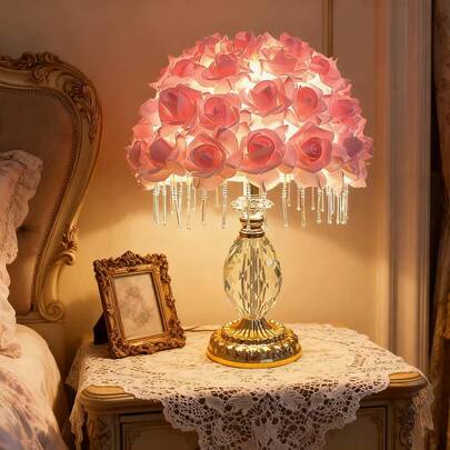 Romantic Crystal Column Desk Lamp With Pink Rose Flower, Decorative Bedside Lamp With Hanging Beads & Flowers, Warm Bedroom Lamp, Valentine's Day Gift